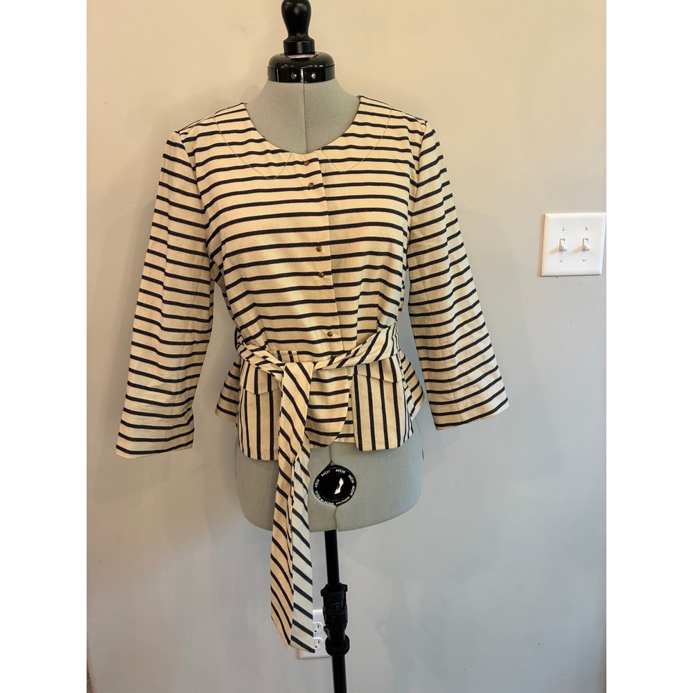 J Crew Striped Belted Peplum Jacket Cream Navy Blue Hook Eye Closure 0501